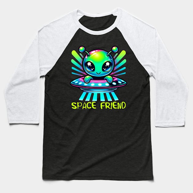 Space Friend Neon Kawaii Alien Intergalactic UFO Baseball T-Shirt by Lavender Celeste